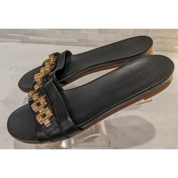 Veronica Beard ENI Black Chain-Trimmed Leather Slides Gold hardware Size 8.5 - Picture 3 of 8